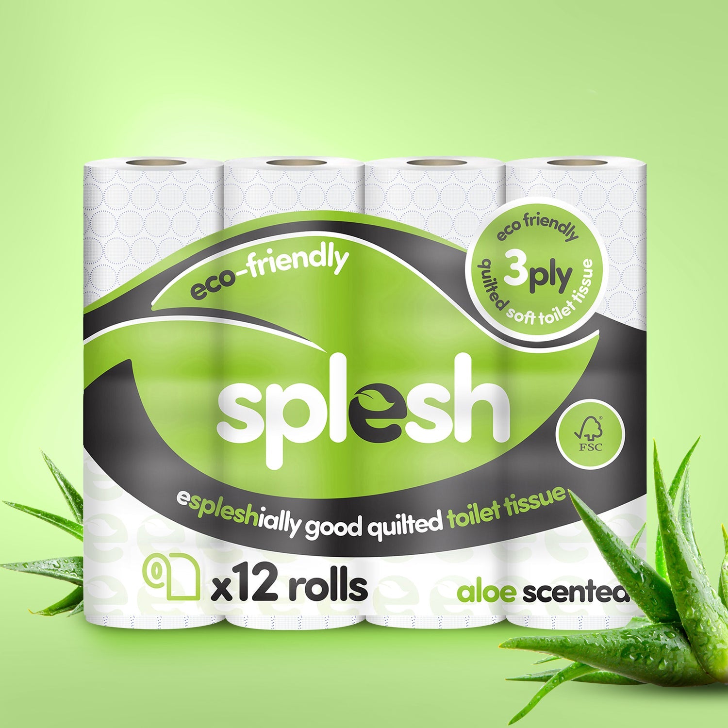 Splesh Toilet Roll Soft & Quilted 3-Ply AloeVera Scented Toilet Tissue, 12 Rolls