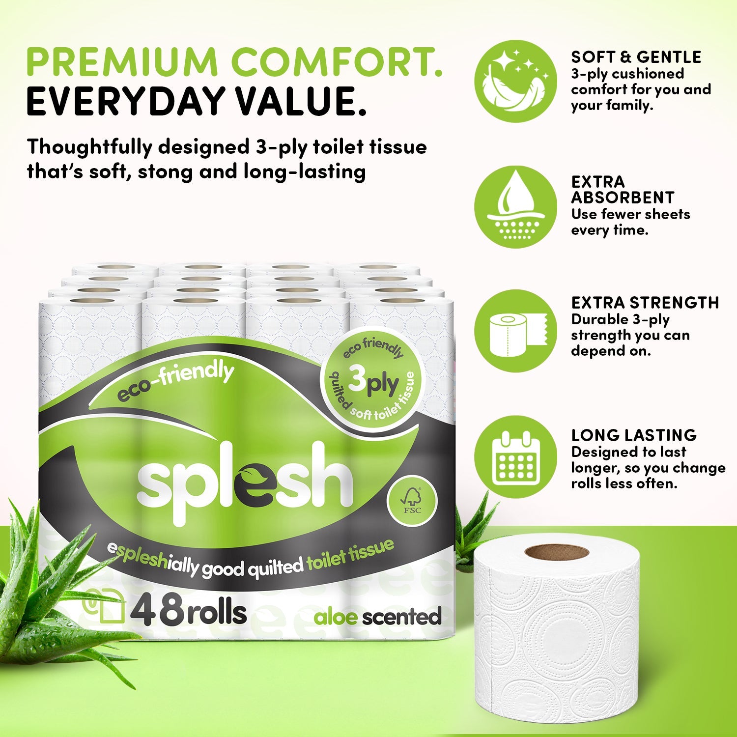 Splesh Toilet Roll Soft & Quilted 3-Ply AloeVera Scented Toilet Tissue, 48 Rolls