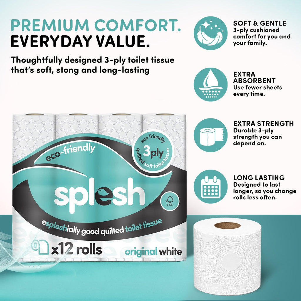 Splesh Toilet Roll Soft & Quilted 3-Ply Original White Toilet Tissue, 12 Rolls