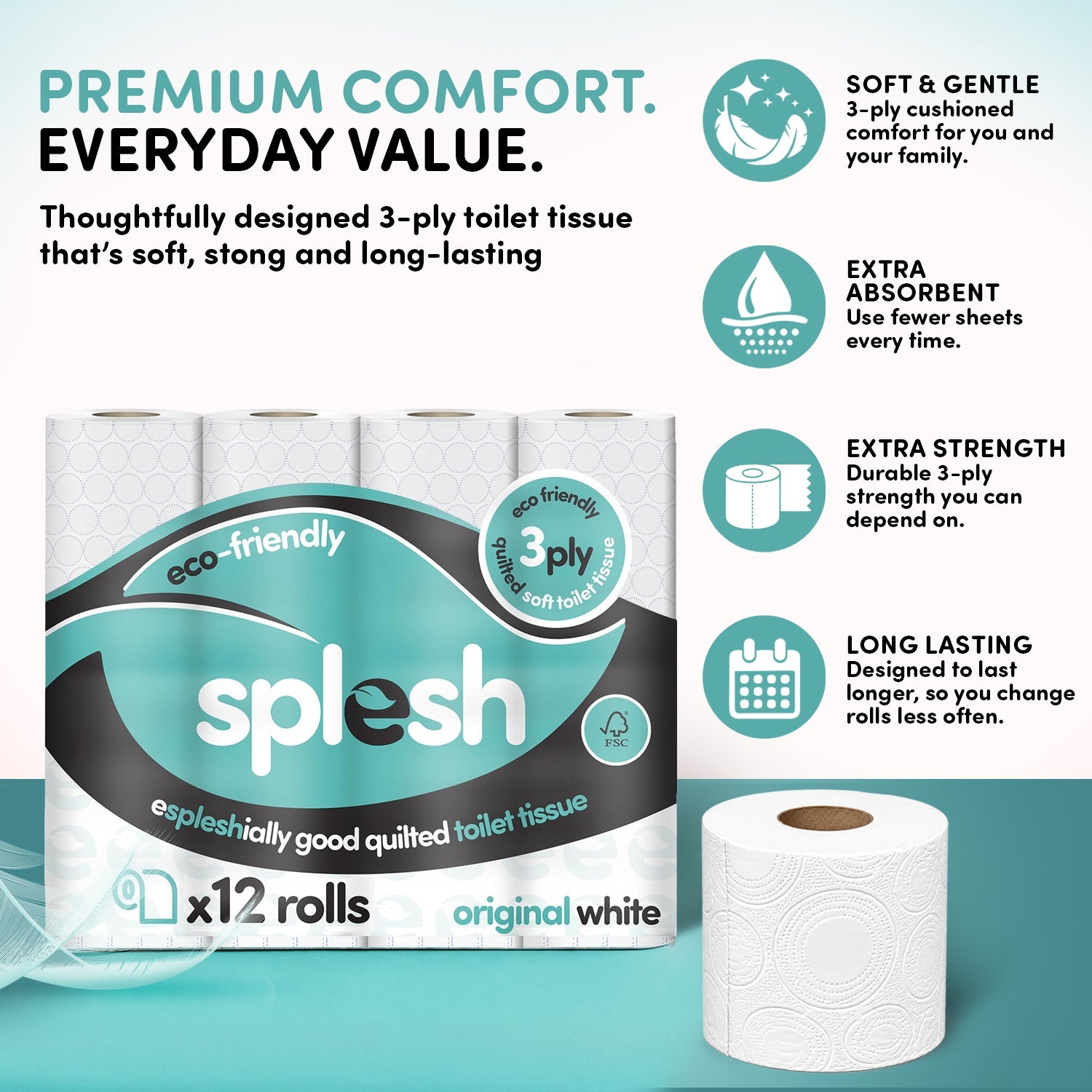 Splesh Toilet Roll Soft & Quilted 3-Ply Original White Toilet Tissue, 12 Rolls