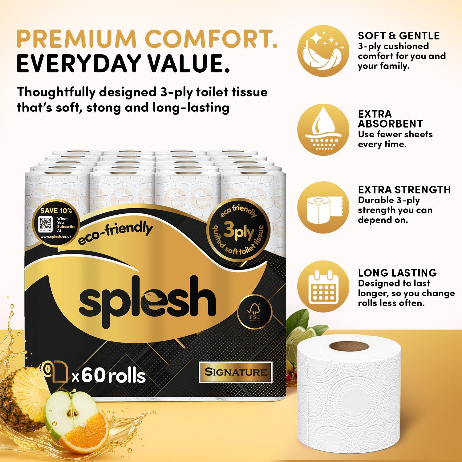 Splesh Toilet Roll Signature Scented 60 Rolls|Quilted 3-Ply Soft Toilet Paper