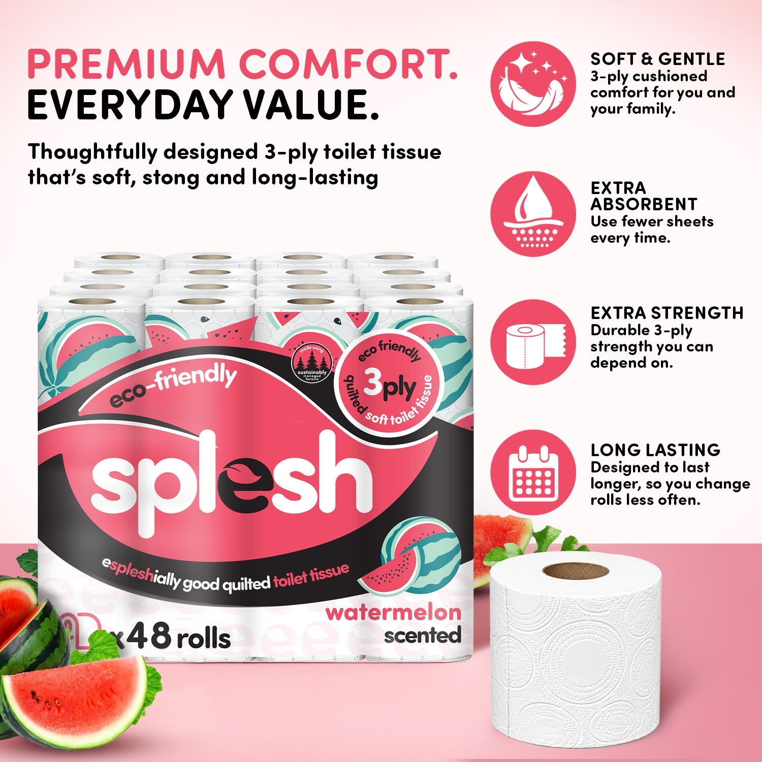 Splesh Quilted Toilet Roll Luxury Watermelon 3-Ply Soft Toilet Paper, 48 Rolls