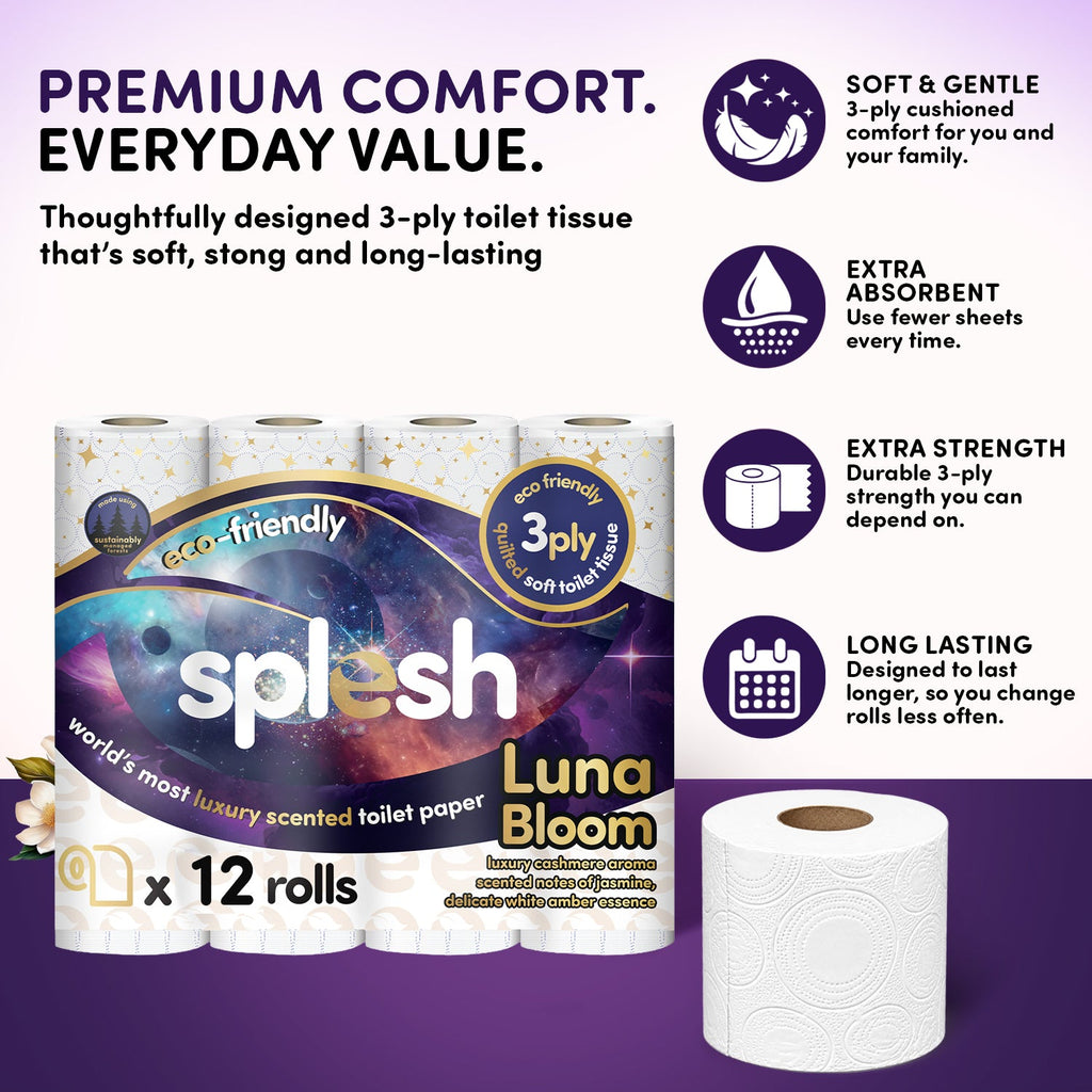 Splesh Quilted Luna Bloom 3-Ply Luxury Scented Toilet Tissue Paper, 12 Rolls