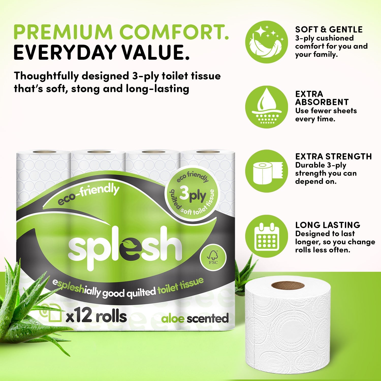 Splesh Toilet Roll Eco-Friendly, Soft & Quilted, Aloe Vera 36 Rolls