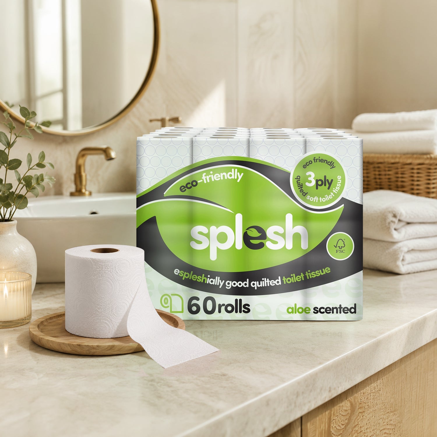 Splesh Toilet Roll Eco-Friendly, Soft & Quilted, Aloe Vera (60 Rolls)