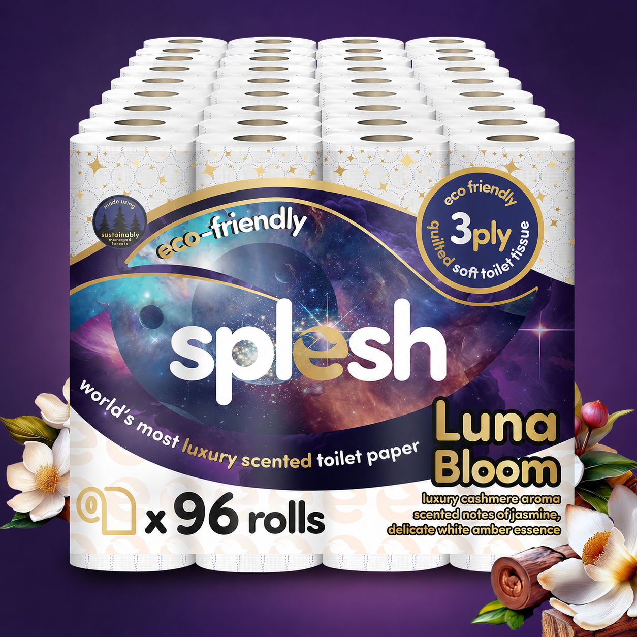 Splesh Quilted Luna Bloom 3-Ply Luxury Scented Toilet Tissue Paper, 96 Rolls