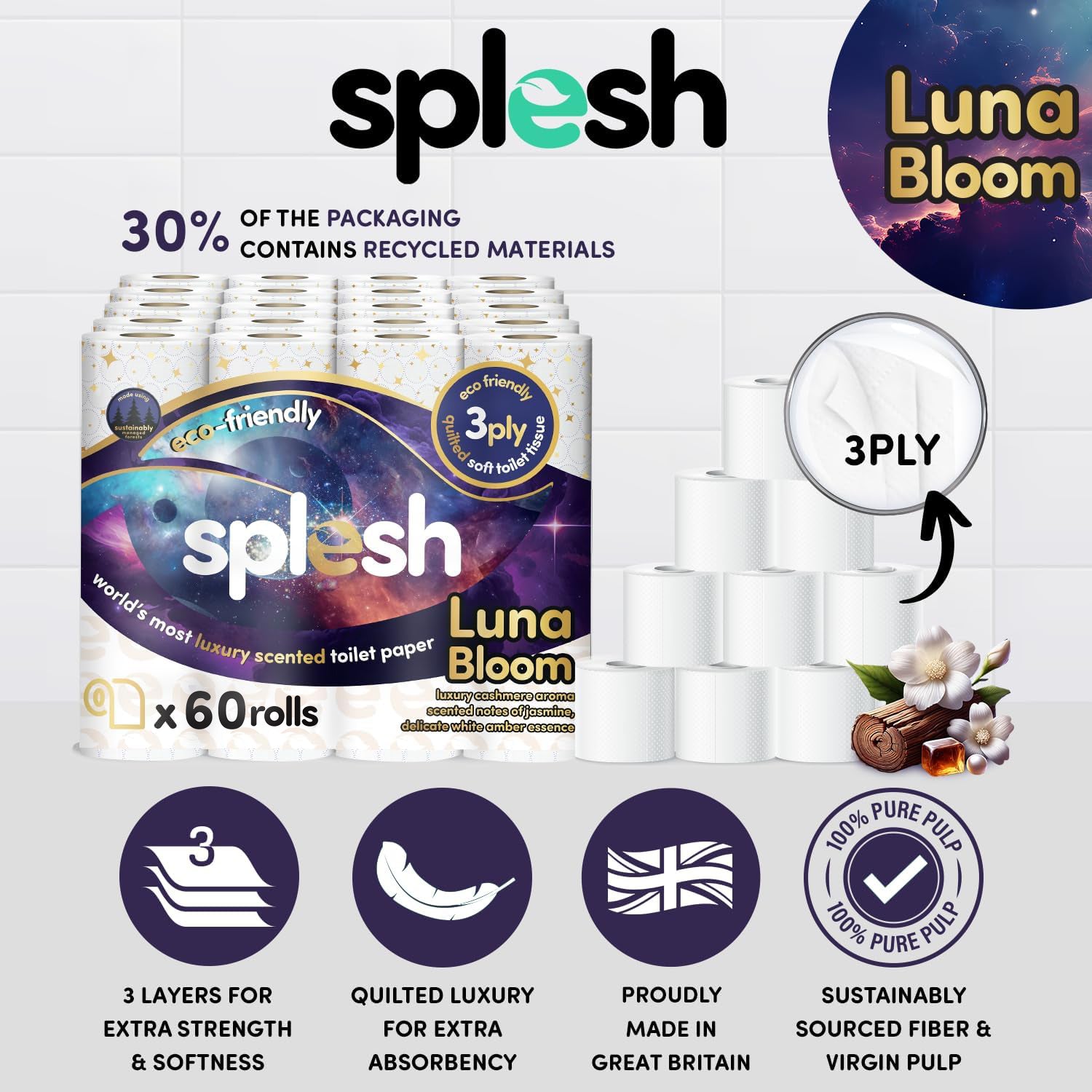 Splesh Quilted Luna Bloom 3-Ply Luxury Scented Toilet Tissue Paper, 48 Rolls